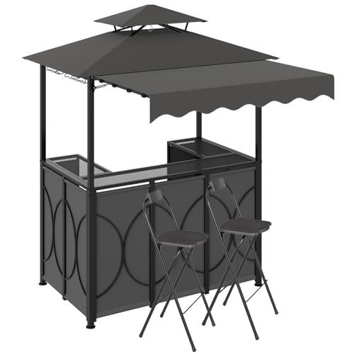 TANGZON BBQ Grill Gazebo with Outdoor Bar Set Patio Gazebo Canopy with Tempered Bar Table 2 Stools Storage Shelves Glass Holders Double-roof Sun Shelter (Grey with Side Awning