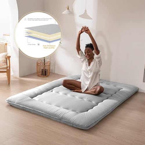 Japanese Floor Mattress,Thicken Japanese Floor Sleeping Pad Foldable,Roll Up Tatami Mat Easy to Store and Portable,Futon Mattress Suitable for Camping and Guest Room (Light Gray, Twin (80" x 36")