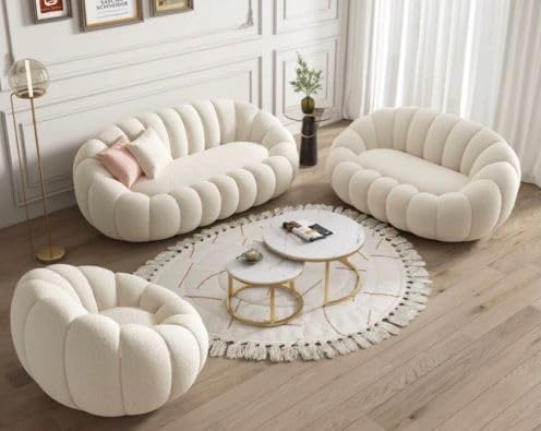 Image of CRAFTCITY Pumpkin Style Wooden Sofa, Contemporary Modern & Cozy Accent Chair for Living Room (Beige, 6 Seater Sofa Set)