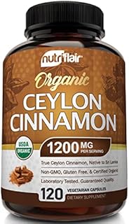 NutriFlair Organic Ceylon Cinnamon (100% Certified Organic Ceylon Cinnamon) 1200mg per Serving, 120 Capsules - Joints, Inflammatory, Antioxidant, Glucose Metabolism Support- True Sri Lanka Cinnamon