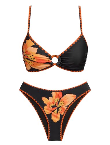 Image of ZAFUL O Ring Bikini Sets for Women Lace Up Swimsuits High Cut Swimwear Contrast Stripe 2 Piece Bathing Suits