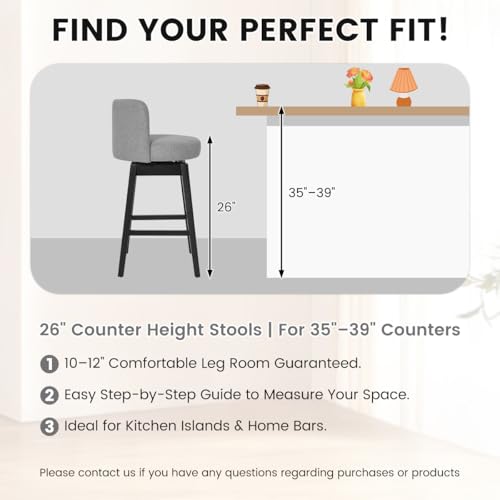 Image of COCO DESIGN Swivel Bar Stools Set of 6, 26 inch Counter Height Mid Century Modern Barstools with Back, Linen Upholstered Seat and Solid Wood Legs, for Bar Kitchen Island, Smoke Gray