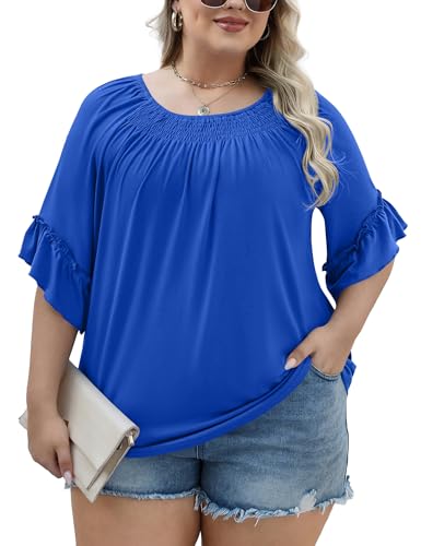 Image of Micoson Womens Plus Size Tops 3 /4 Ruffle Sleeve Crewneck Pleated Shirts