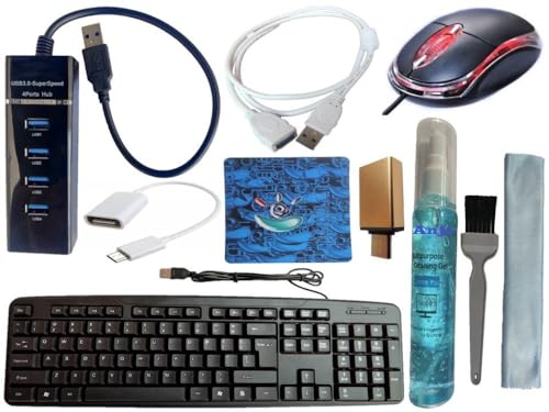 Image of Anjo 8 in 1 Combo of Wired Keyboard, Wired Mouse, Anti-Skid Mouse Pad, USB Hub 3.0, 3 in 1 Cleaning Kit 100ml, OTG Micro & C to A Type, USB Extension Cable Male to Female Type A 1.5m