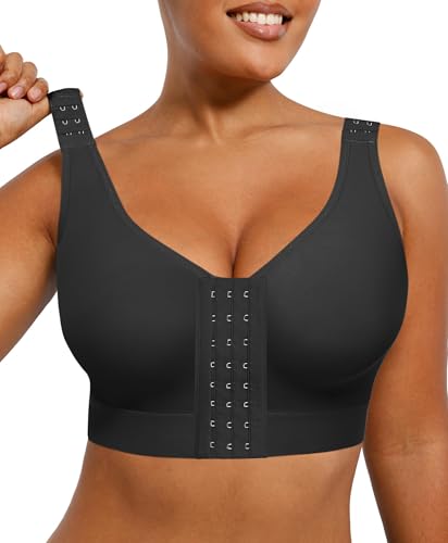SHAPELLX Post Surgery Compression Bra for Women Front Closure Mastectomy Push Up V NeckSupport Bras Black