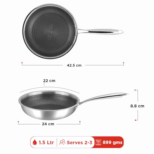 Vinod SAS Pro Platinum Triply Stainless Steel Hybrid Non Stick Frypan 22 cm, 1.7 LTR | Etched Hexa Design Stick-Free Surface | Healthy Cooking |... - Image 4