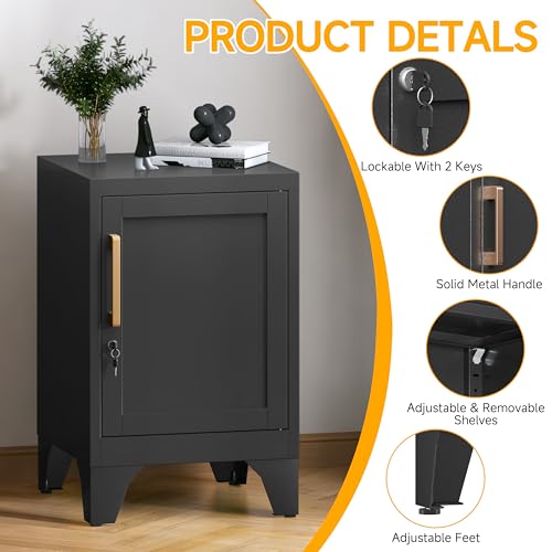 Image of 23.6 inchH Black Metal Locker Nightstand with 1 Lockable Door and 1 Adjustable Shelf, Small Storage Cabinet with Detachable Legs and Vintage Handle for Home Office,Living Room or Bedroom,Easy Assembly