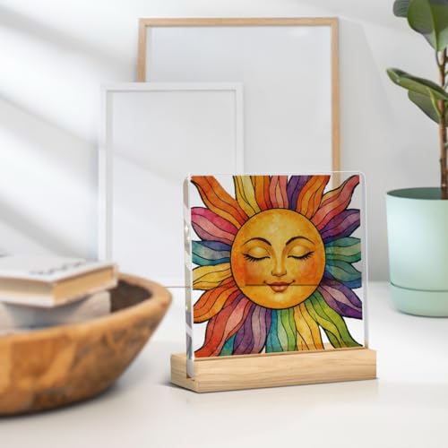 Image of Summer Sunshine Gifts, Inspirational Sun Sunshine Acrylic Sign Desk Decor, Pop Smiles Wooden Block Sign Decorations for Home Office Girls Dorm Room Nursery Playroom Tabletop Shelf Decor