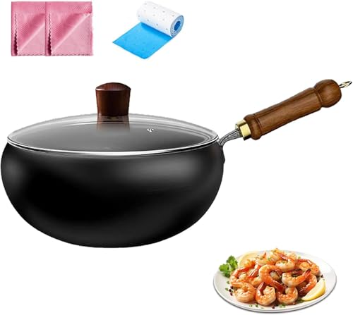 Padella in ferro giapponese forgiato, senza rivestimento, pentola in ferro forgiato a mano tradizionalmente con coperchio in legno/vetro (copertura in vetro, 26 cm)