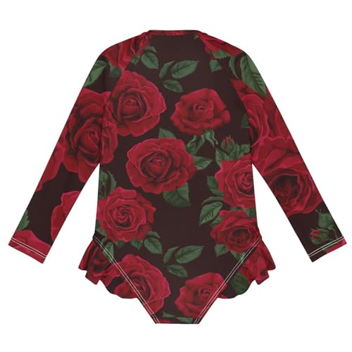 Girls One Piece Swimsuits Long Sleeve Swimsuit Zipper Bathing Suits Red Rose Black Roses2