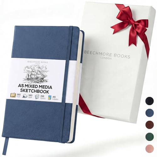 Beechmore Books A5 Mixed Media Sketchbook - 5.8"x8.3" Hardcover Lay-Flat Art Journal, 160 GSM / 98 lb Professional Perforated Paper, Gift Box, for Drawing, Ink and Light Watercolor