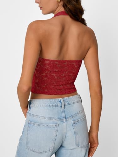 Trendy Queen Womens Going Out Tops Lace V-Neck Sleeveless Double Lined Halter Y2K Sexy Crop Fashion Tank Top 20253