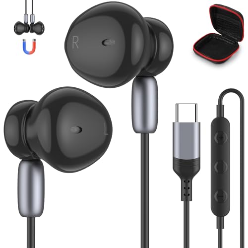 APETOO USB C Headphones Type C Earbuds for Google Pixel 10 Pro 9 8 7 6, Magnetic Stereo USB C Earphones with Mic Volume Control for iPhone 17 16 15 Galaxy S26 S25 S24 A16 A17, for Motorola Razr, Black
