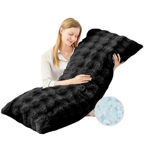 YZ HOME Faux Fur Fluffy Body Pillow for Adults - Firm Body Pillow Insert with Shredded Blue Memory Foam Adjustable Height Soft Support for Side Sleeping Pregnant Women Washable 20x54 Inch (Black)