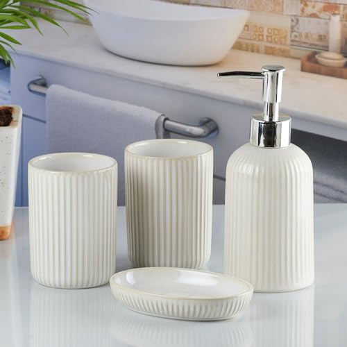 Image of SaSaSa Ceramic Bathroom Accessories Set of 4 Modern Bath Set with Soap Dispenser & Toothbrush Holder, Luxury Home & Gift Idea, Beige (8229)