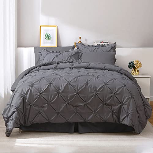 Jollyvogue Pintuck Queen Size Comforter Sets 8 Pieces, Dark Grey Bed In A Bag Comforter Set For Bedroom, Bedding Comforter Sets With Comforter, Sheets, Bed Skirt, Ruffled Shams & Pillowcases #TOP13