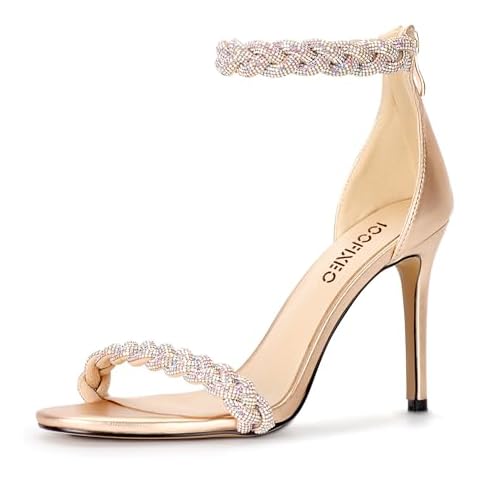 100FIXEO Women's Rhinestone Open Toe Stiletto Heeled Sandals Elegant Ankle Strap Wedding High Heels Sexy Dressy Shoes (champagne,8.5) Cover