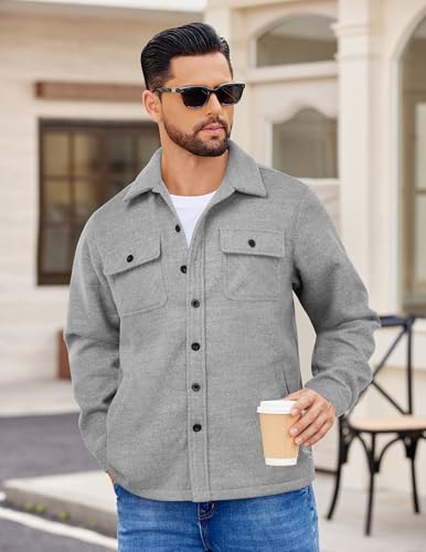 COOFANDY Flannel Jacket For Mens Fleece Plaid Shirt Solid Flannel Cropped Shacket Western Shirt Jackets Grey2