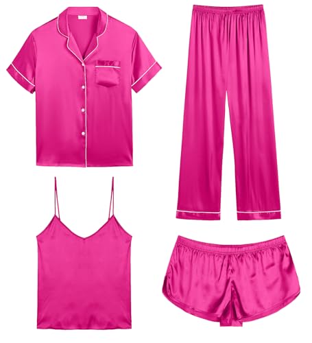 Image of SWOMOG Womens Silk Satin Pajamas Sets 4pcs Sleepwear Sexy Cami Shorts Set and Button Down Short Sleeve Pjs Loungewear