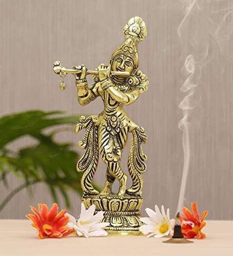 Image of ARTSMART Lord Krishna Idol Statue Flute Playing Krishan Krishna Idols Decorative Showpiece Figurine for Pooja Room Gift (Brass Antique)
