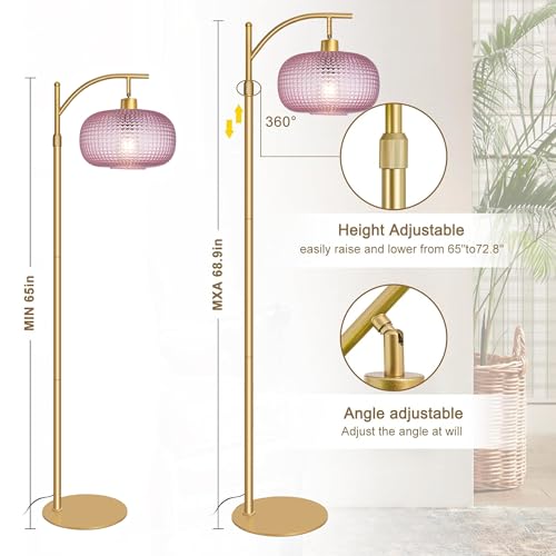 Image of Glass Floor Lamp for Living Room,Modern Standing Lamp with Pink Lamp Shade | Dimmable Gold Tall Floor Lamp for Bedroom Office with Remote Control , 1 x 12W LED Bulbs Included