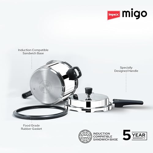 Image of Impex 5 Litre Stainless Steel Pressure Cooker | Outer Lid Induction Base Pressure Cooker | Induction and Gas Stove Competable | ISI Certified | 5 Year Warranty