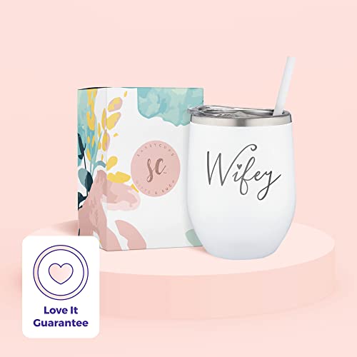 Wifey Engraved Stainless Steel Vacuum Insulated Wine Glass Tumbler With Lid And Straw - Bridal Shower Bride Cup - Bachelorette Party - Engagement Tumbler - Wife Anniversary, Bridal Shower, Wedding #TOP5