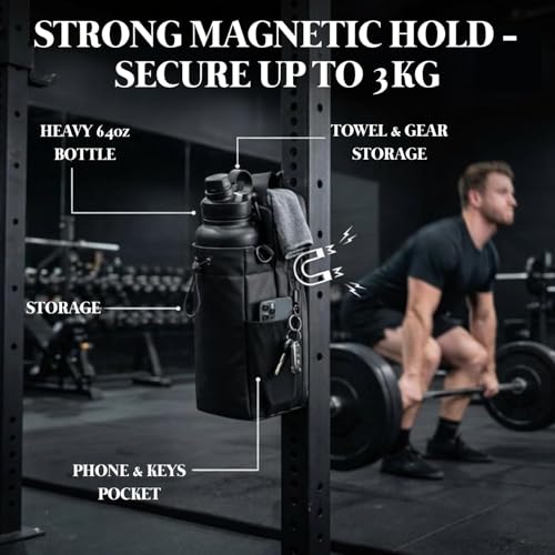 Image of Magnetic Gym Bottle Holder Bag with Storage Pockets, Zippered Compartments & Phone Mesh Pocket - Water Bottle Carrier for Gym Rack, Locker, Car and Fitness Equipment | Holds up to 3 kg