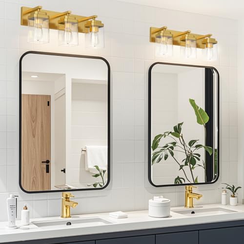 Image of Brushed Gold Bathroom Light Fixtures, 3 Lights Bathroom Lighting Fixtures Over Mirror, Square Design & Rectangle Large Backplate, Modern Vanity Lighting Fixtures, for Living Room /Bedroom