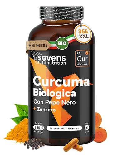 Curcuma Capsule BIO Vegane ad Alto Dosaggio - 365 Capsule di Curcuma con Piperina e Zenzero - Integratore Articolazioni e Ossa – Sevens Nutrition