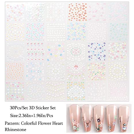 Colorful Flower Nail Art Stickers Decals 3D Self-Adhesive Flower Nail Decals Ice Crystal Flower Daisy Bow Tie Heart Nail Designs Nail Art Supplies Manicure Tips Charms For Women 30Sheets #TOP1
