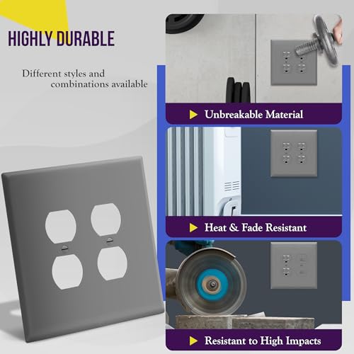 Image of ENERLITES Double Duplex Receptacle Cover, Two Gang Outlet Wall Plate, Oversized 2-Gang 5.5 inch x 5.5 inch, Unbreakable Polycarbonate Thermoplastic, UL Listed, 8822O-GY, Gray