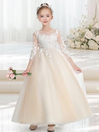 Elegant Tulle Flower Girl Dress A Line Applique First Communion Dresses with Sleeves Pageant Princess Party Gowns3