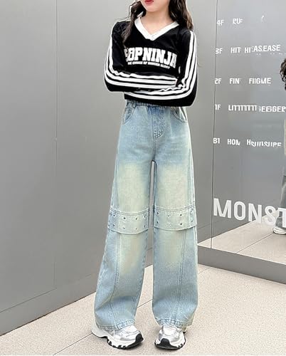 Girls Baggy Jeans Elastic Waist Cute Wide Leg Hip Hop Denim Pants Kids Jeans Streetwear Y2k 5-14Y4