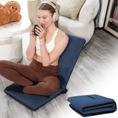 Image of FASTMOMENT Floor Chair with Back Support Adjustable Meditation Chair with 14 Positions Portable Ground Seating for Adults Foldable Floor Seat for Meditation Yoga Reading (Thicker Sponge Version, Blue)