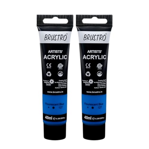 Image of BRUSTRO Artists Acrylic Paint Tube | 40ml, Fluorescent Blue (Pack of 2)|Non-Toxic, Water based, Inter Mixable, Ideal for Painting, Textured Effects on Canvas, Paper, Fine Art Student and Professionals