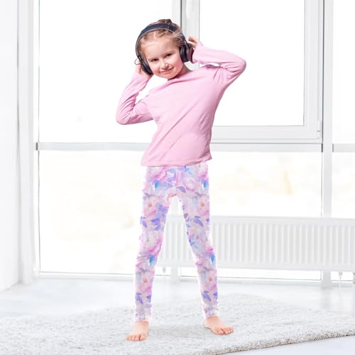 Peonies Lilac Watercolor Ongrey Pink Kids Girl's Active Leggings Stretch Full Length Athleisure Pants Gym4