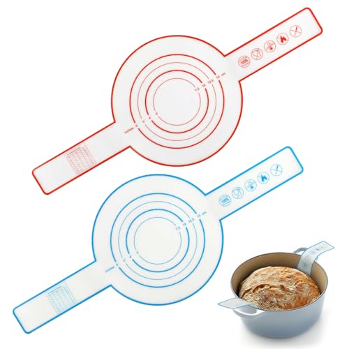 JCF Silicone Bread Sling for Dutch Oven - 2 Pack Round Baking Mats with Extended Heat-Resistant Handles, Non-Stick & Reusable Accessories for Sourdough, Cookies & Pizza (Red, Blue)