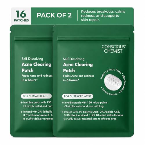 Image of Conscious Chemist Self Dissolving Microneedle Acne Patches (Pack of 16 Patches) | Painless & Effective Pimple Patches with 2% Salicylic Acid, Azelaic Acid & Niacinamide | Kills Bacteria, Reduces Redness, Scarring & Excess Sebum | Visible Results in 6 Hours
