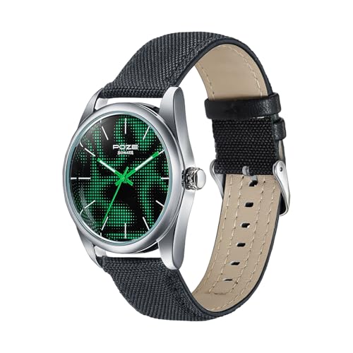 Image of Sonata Poze 9 with Quartz Analog Black /Green Dial Black Strap Watch for Men - SP70033SP01W