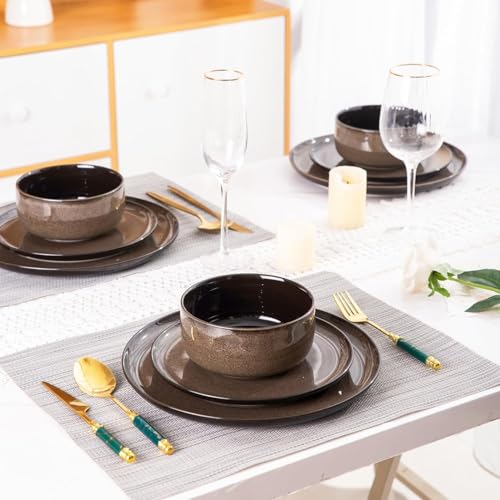 Image of LeRatio Ceramic Dinnerware Sets for 4,12-Piece Plates and Bowls,Handmade Reactive Glaze Dishes Set, Scratch Resistant | Oven&Dishwasher & Microwave Safe,Service for 4(12pcs),Modern-Chestnut