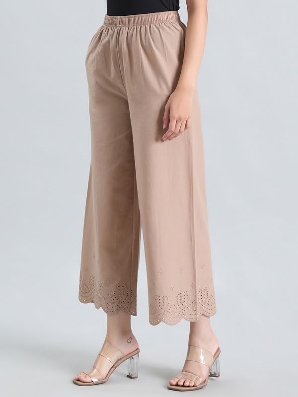 Image of GO COLORS Women's Cotton Hakoba Palazzo | Ankle Length, Schiffli Embroidery, Relaxed Fit, Mid-Rise with Side Pocket