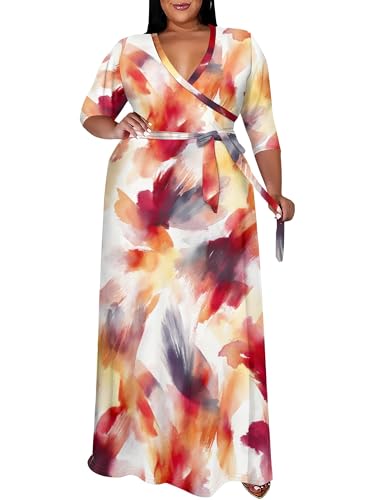 Image of SUZONANA Women's Plus Size Maxi Dresses Casual Loose Short Sleeve Long Maxi Dress with Belt Wedding
