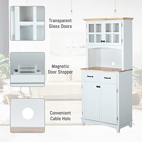 Lynslim 68" Tall Kitchen Pantry Storage Cabinet - Buffet With Hutch Freestanding Storage Cabinet With 4 Glass Doors & 2 Drawers, Adjustable Shelves,White Finish #TOP4