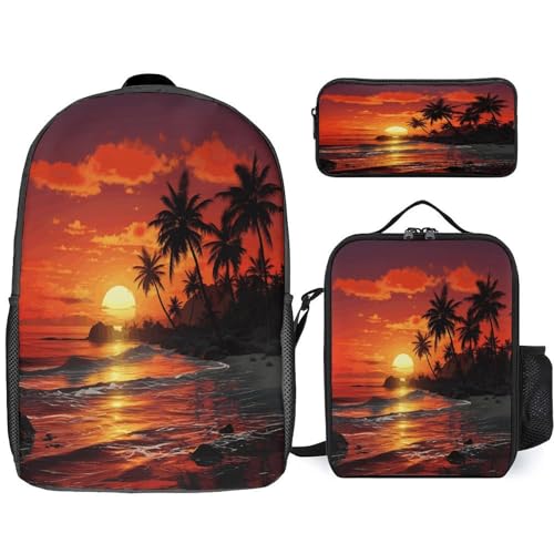 Printed Backpack With Lunch Pack Storage Box Case Tropical Sunset 3pcs Lightweight Travel Backpack