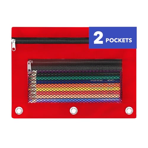 Image of Pencil Pouch for 3 Ring Binder - 3 Hole Zipper Pen Case Bag Holder Bulk Accessories Clear Window Aesthetic Organizer Pockets (Red)