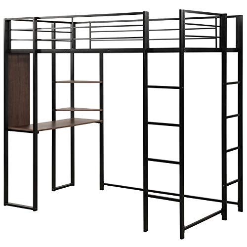 Giantex Metal Loft Bed Frame with 2 Ladders, Space-Saving Bunk Bed with Safety Guard Rails, Twin Loft Bed with Desk 2 Tier Shelves for Bedroom Dorm, Boys & Girls Teens Kids Room (Twin, Black)