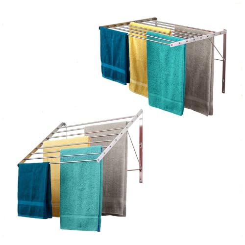Smartsome | Wall Mounted | Clothes Drying Rack| 22' Wide |15 Linear Feet Capacity | 8 Smooth Round Stainless Steel Rods | 60 lb Capacity | Fully Assembled | Compact Sturdy Space-Saving Design