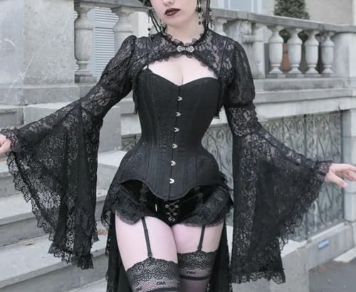 Gothic Crop Top Goth Lace Bolero Black Shrug Cardigan Bell Sleeve Cover Up for Women2