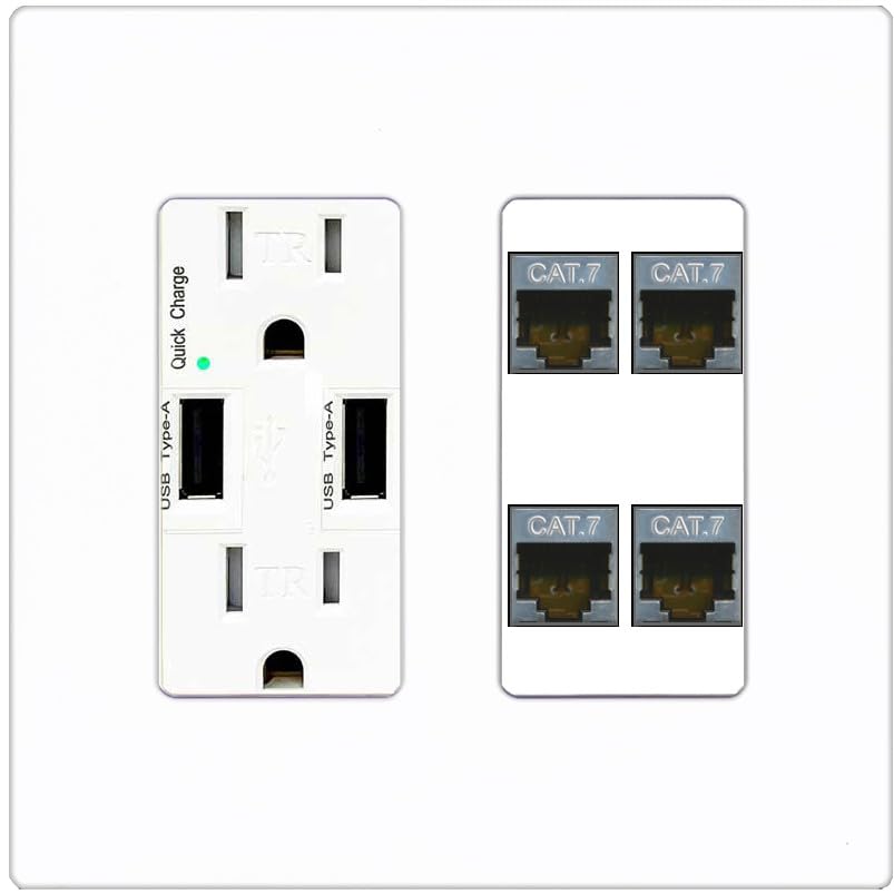 RiteAV 4 Port Cat7 Shielded Ethernet Wall Plate - USB Outlet [Black/Black]